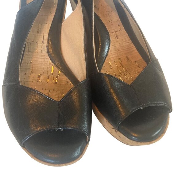 Sofft Black Leather Wedge Sandals Womens 7.5 Peep Toe Cork Heel Adjustable Strap - Picture 3 of 11